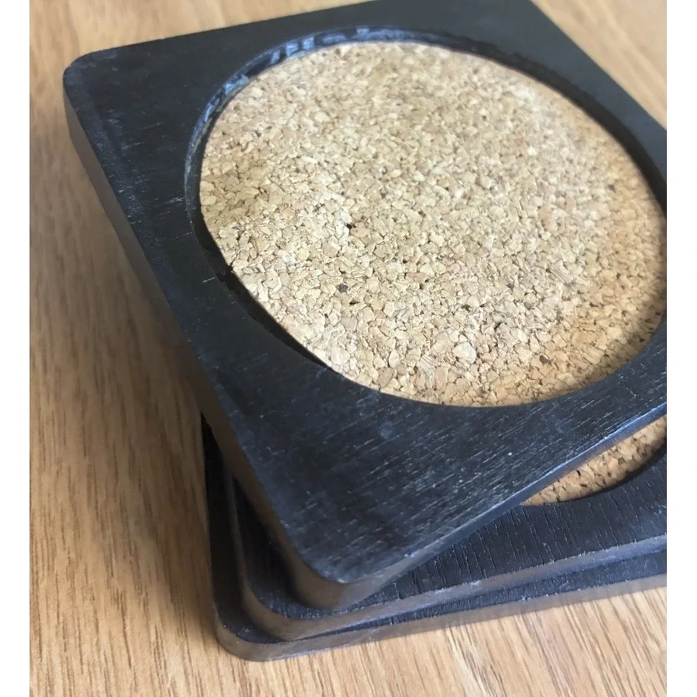 Vintage  Coaster‎ Set Black Wooden Cork Top Brass Unicorn Holder